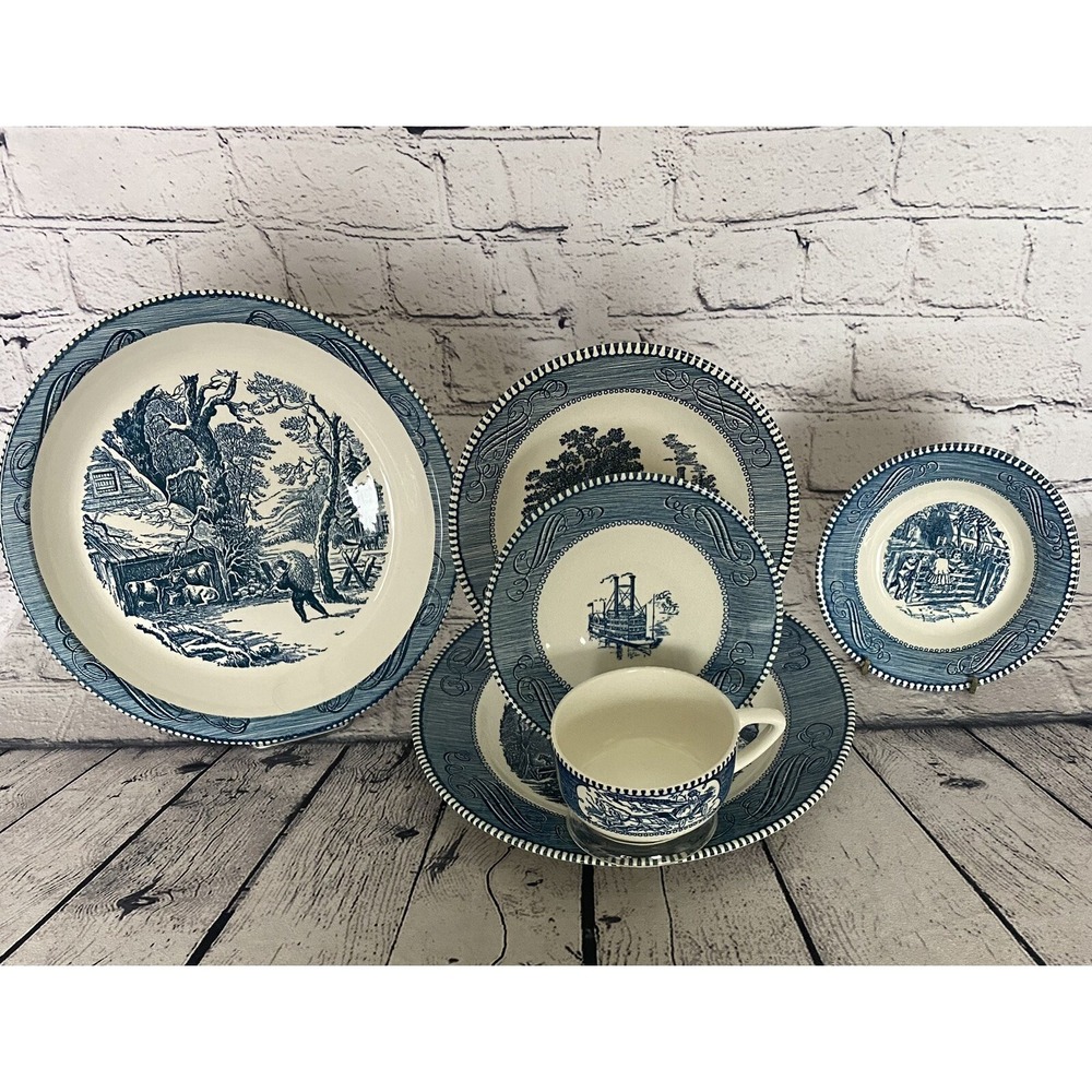 Currier and Ives Six Piece Dinnerware Place Setting Imperial Blue